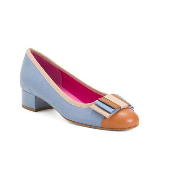 FERCA 81 Blue/tan Made In Italy Leather Cap Toe Heels With Bow